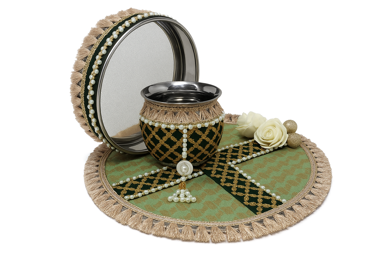 Karwa Chauth Pooja Thali Set – Pack of 5 (Designer Pearl Work, Green & Gold)