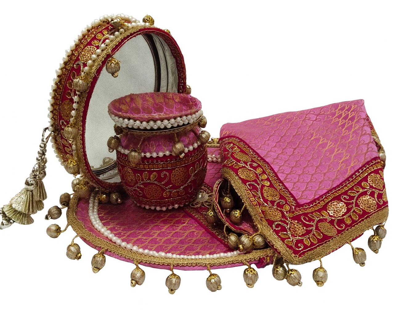 Karwa Chauth Thali Set | Premium Designer Pooja Kit (Pack of 5) – Pink & Golden Embroidery