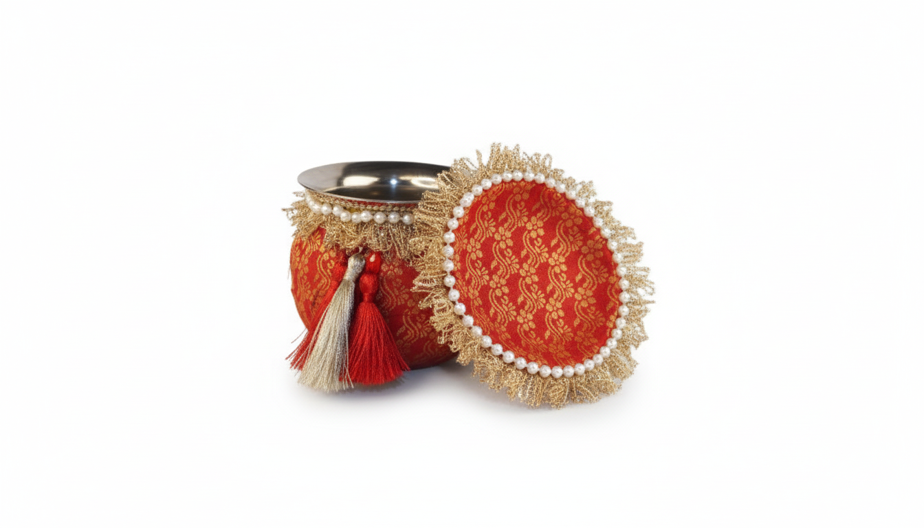 Karwa Chauth Pooja Thali Set 5 – Red & Golden Decorative Thali with Lota, Channi & Ornaments