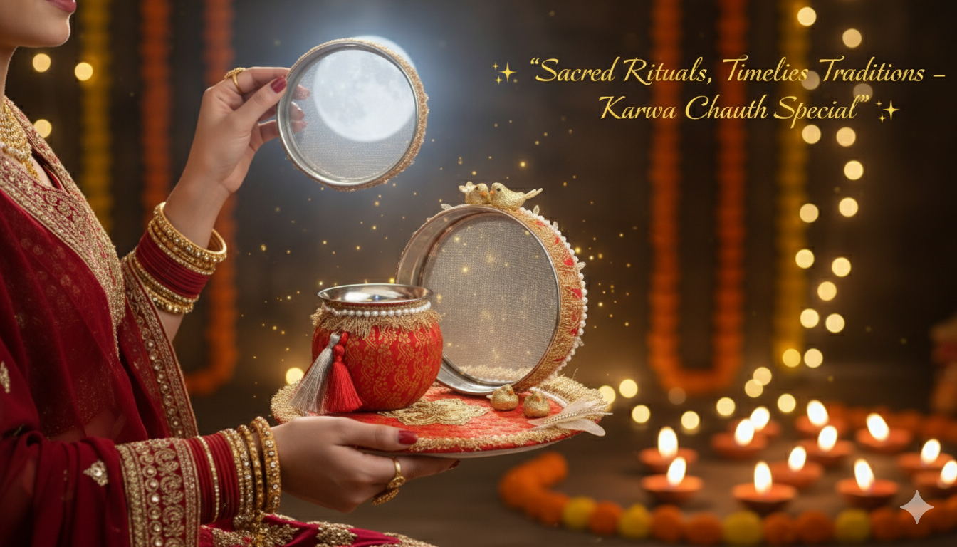 Karwa Chauth Pooja Thali Set 5 – Red & Golden Decorative Thali with Lota, Channi & Ornaments