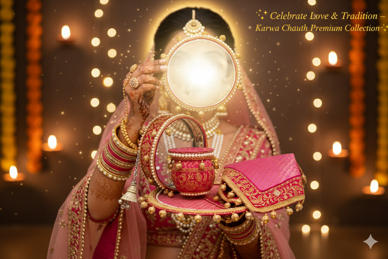 Karwa Chauth Thali Set | Premium Designer Pooja Kit (Pack of 5) – Pink & Golden Embroidery