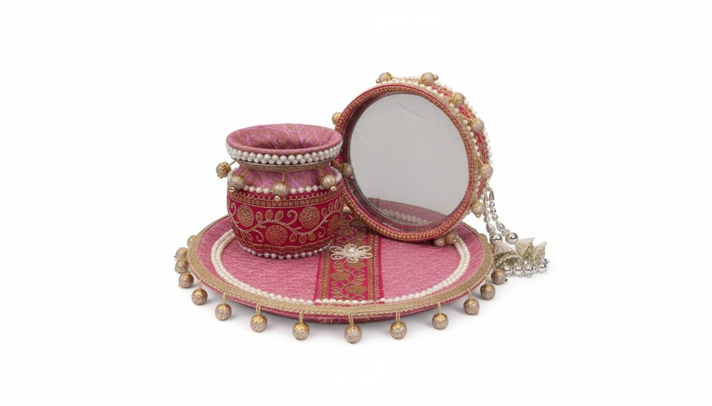 Karwa Chauth Thali Set | Premium Designer Pooja Kit (Pack of 5) – Pink & Golden Embroidery