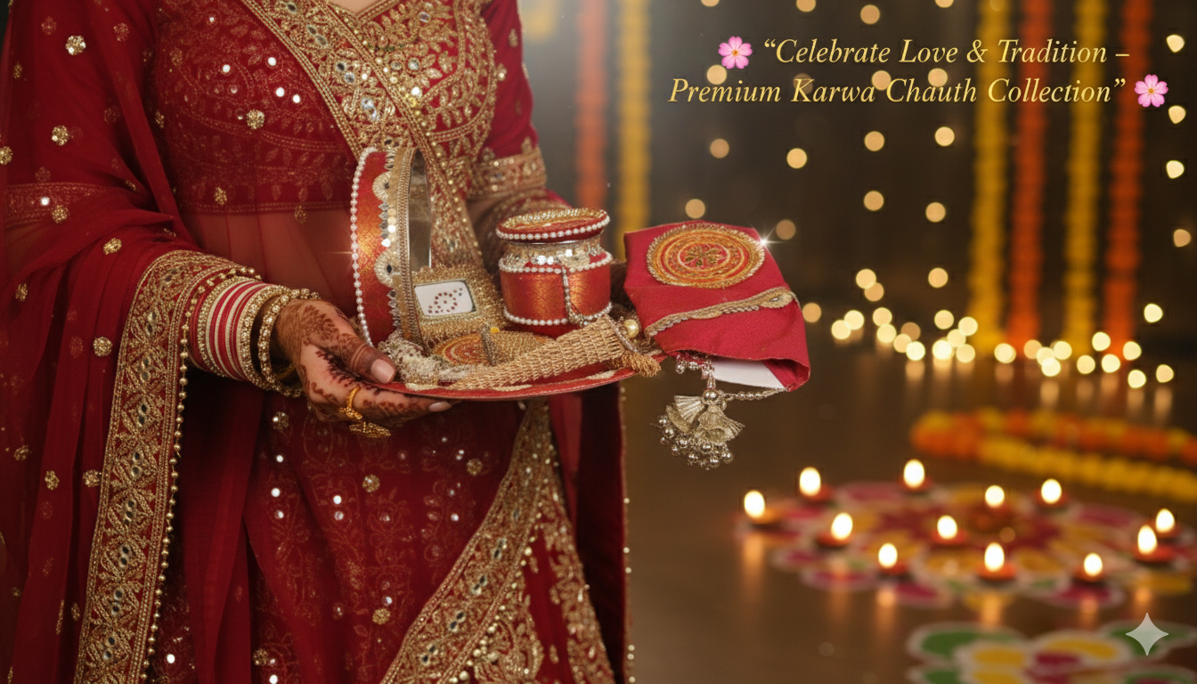 🌙 Karwa Chauth Pooja Thali Set 5 – Red & Golden Designer Thali with Lota, Channi, Baya Thali & Potli