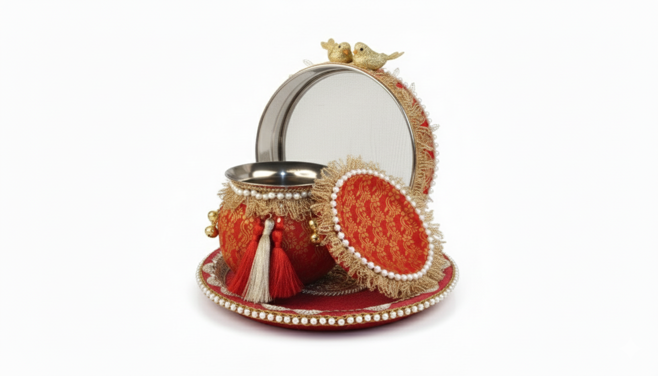 Karwa Chauth Pooja Thali Set 5 – Red & Golden Decorative Thali with Lota, Channi & Ornaments