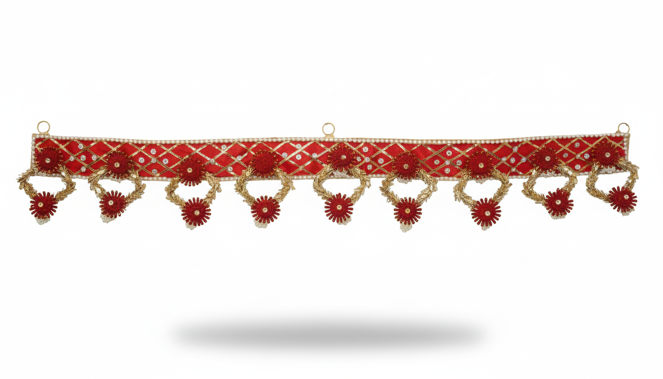 Traditional Red & Golden Floral Toran with Heart-Shaped Danglers