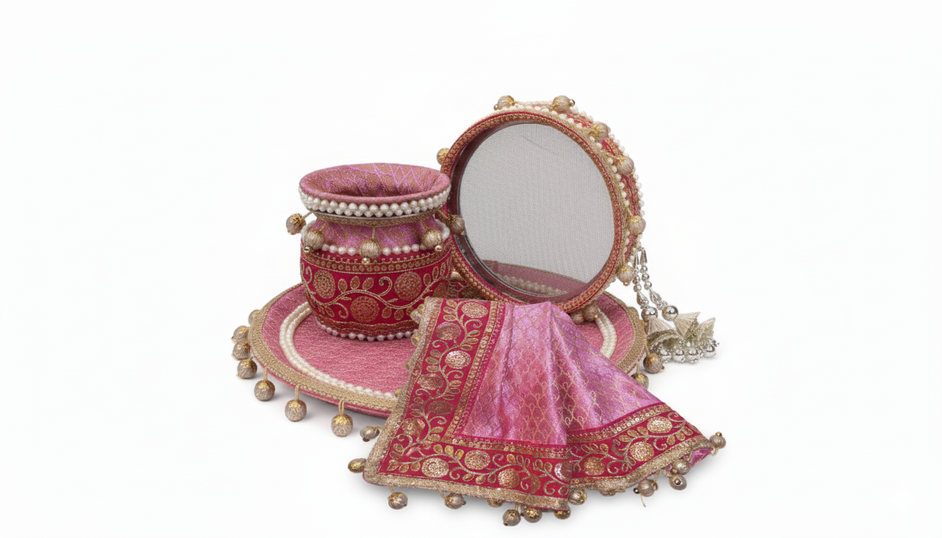Karwa Chauth Thali Set | Premium Designer Pooja Kit (Pack of 7) – Pink & Golden Embroidery with Mehndi & Bindi