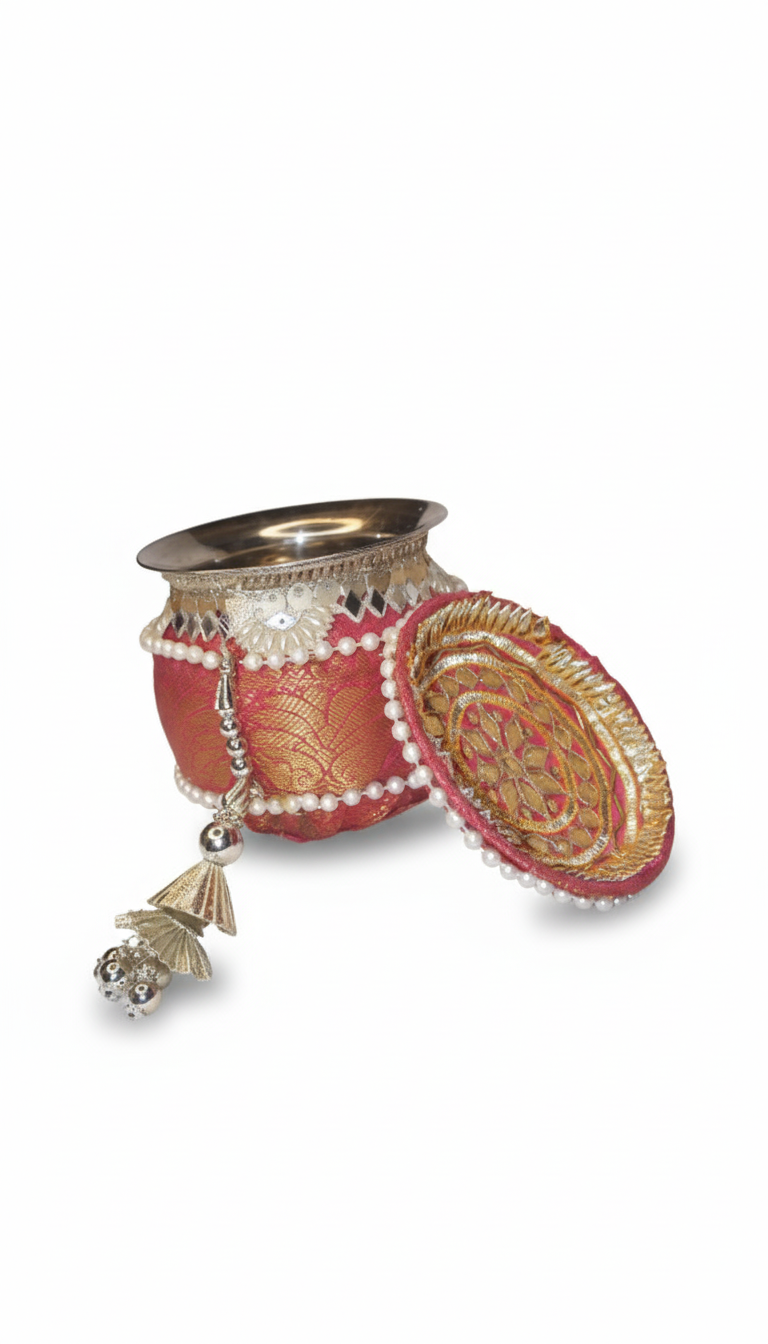 🌙 Karwa Chauth Pooja Thali Set 5 – Red & Golden Designer Thali with Lota, Channi, Baya Thali & Potli