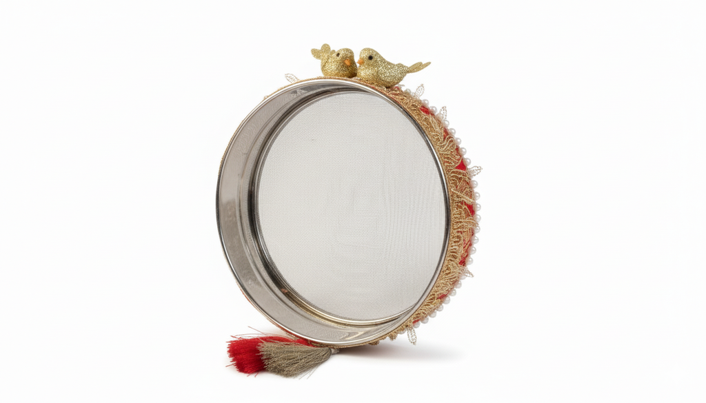 Karwa Chauth Pooja Thali Set 5 – Red & Golden Decorative Thali with Lota, Channi & Ornaments