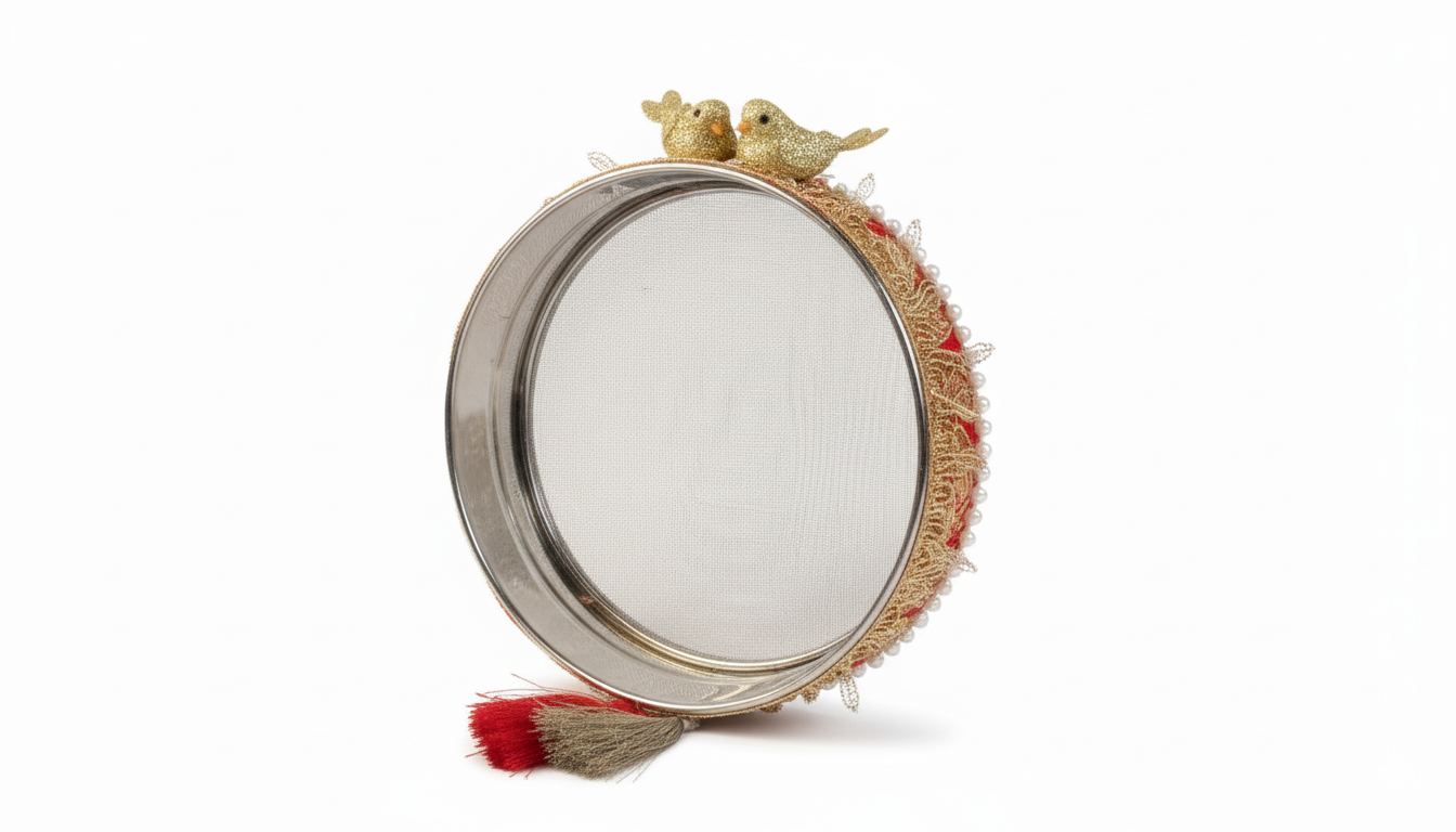 Karwa Chauth Pooja Thali Set 5 – Red & Golden Decorative Thali with Lota, Channi & Ornaments