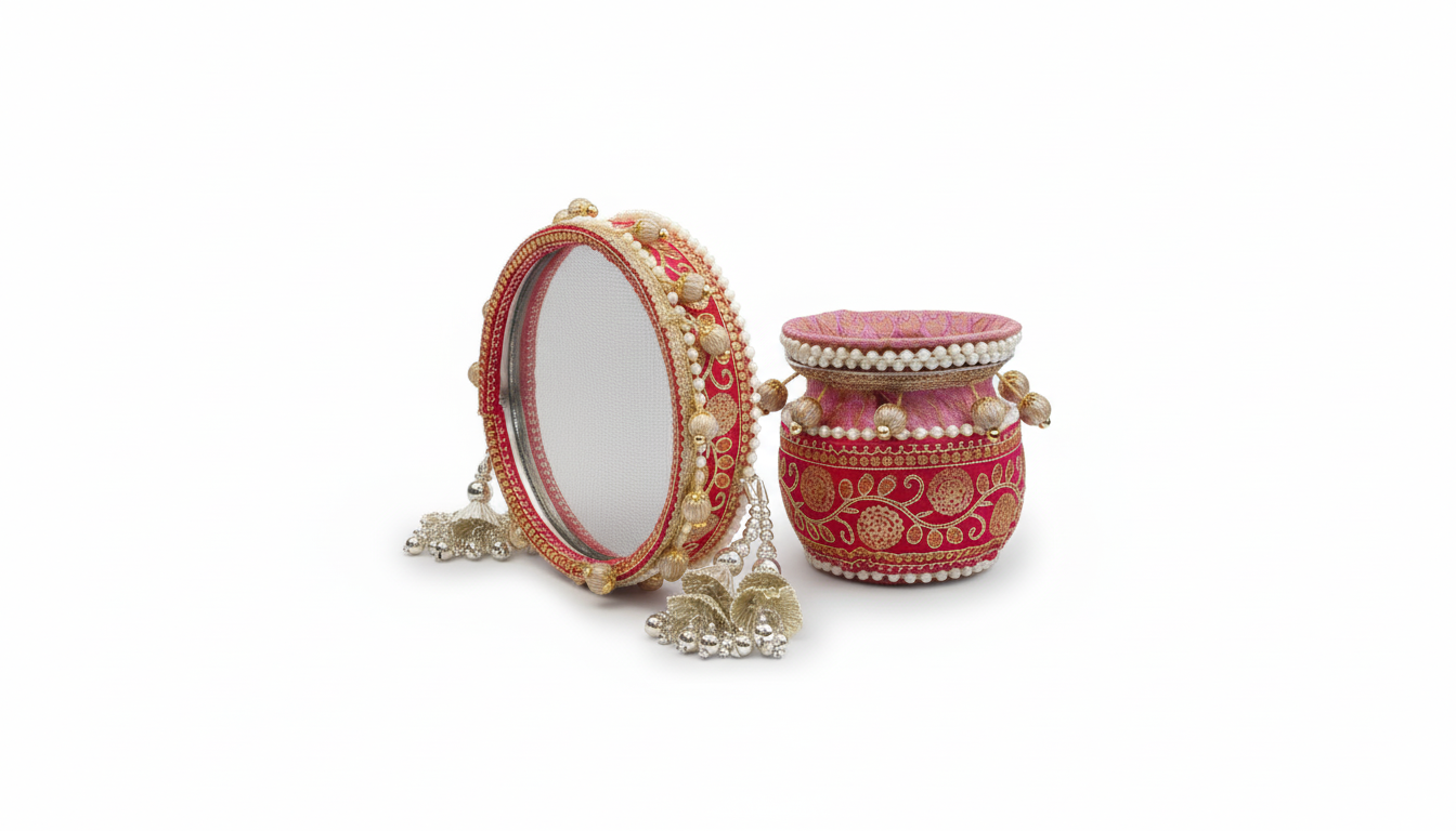 Karwa Chauth Thali Set | Premium Designer Pooja Kit (Pack of 7) – Pink & Golden Embroidery with Mehndi & Bindi