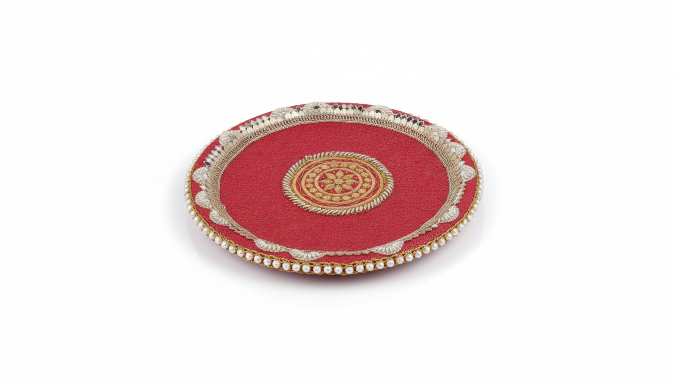 🌙 Karwa Chauth Pooja Thali Set 5 – Red & Golden Designer Thali with Lota, Channi, Baya Thali & Potli