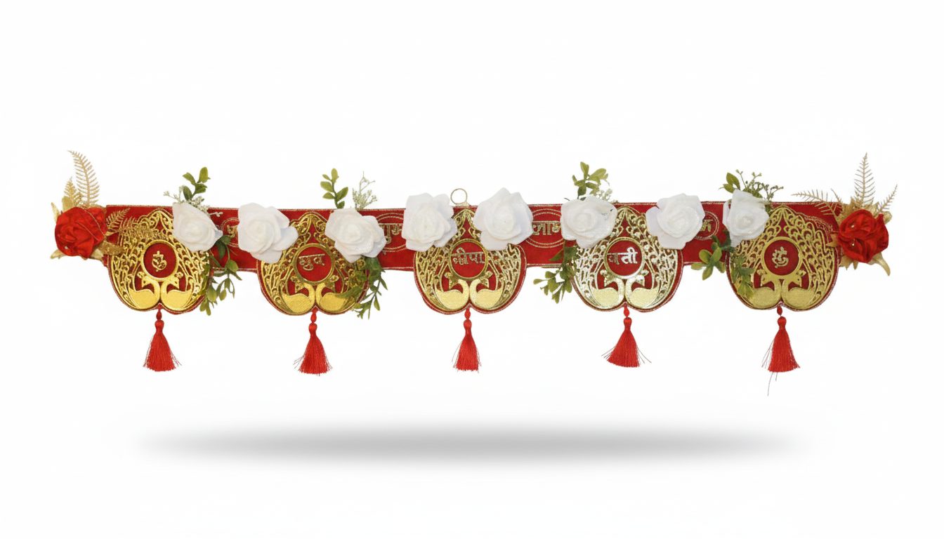 Shubh Labh Golden Toran with White Roses & Tassels