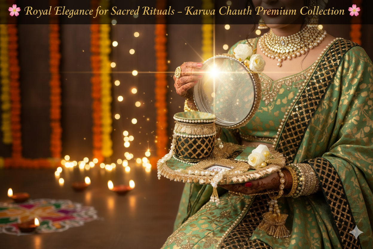 Karwa Chauth Pooja Thali Set – Pack of 5 (Designer Pearl Work, Green & Gold)