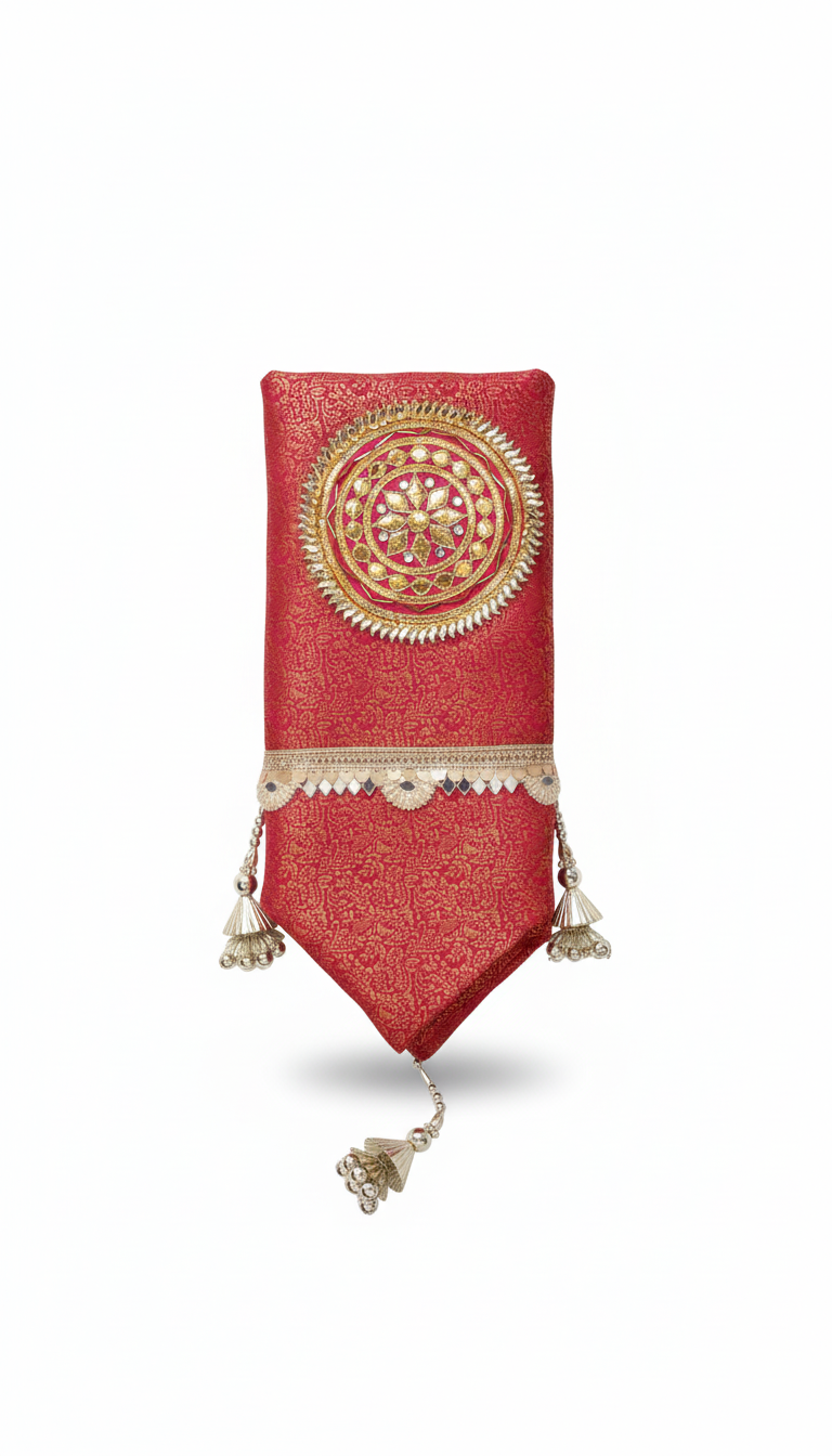 🌙 Karwa Chauth Pooja Thali Set 5 – Red & Golden Designer Thali with Lota, Channi, Baya Thali & Potli