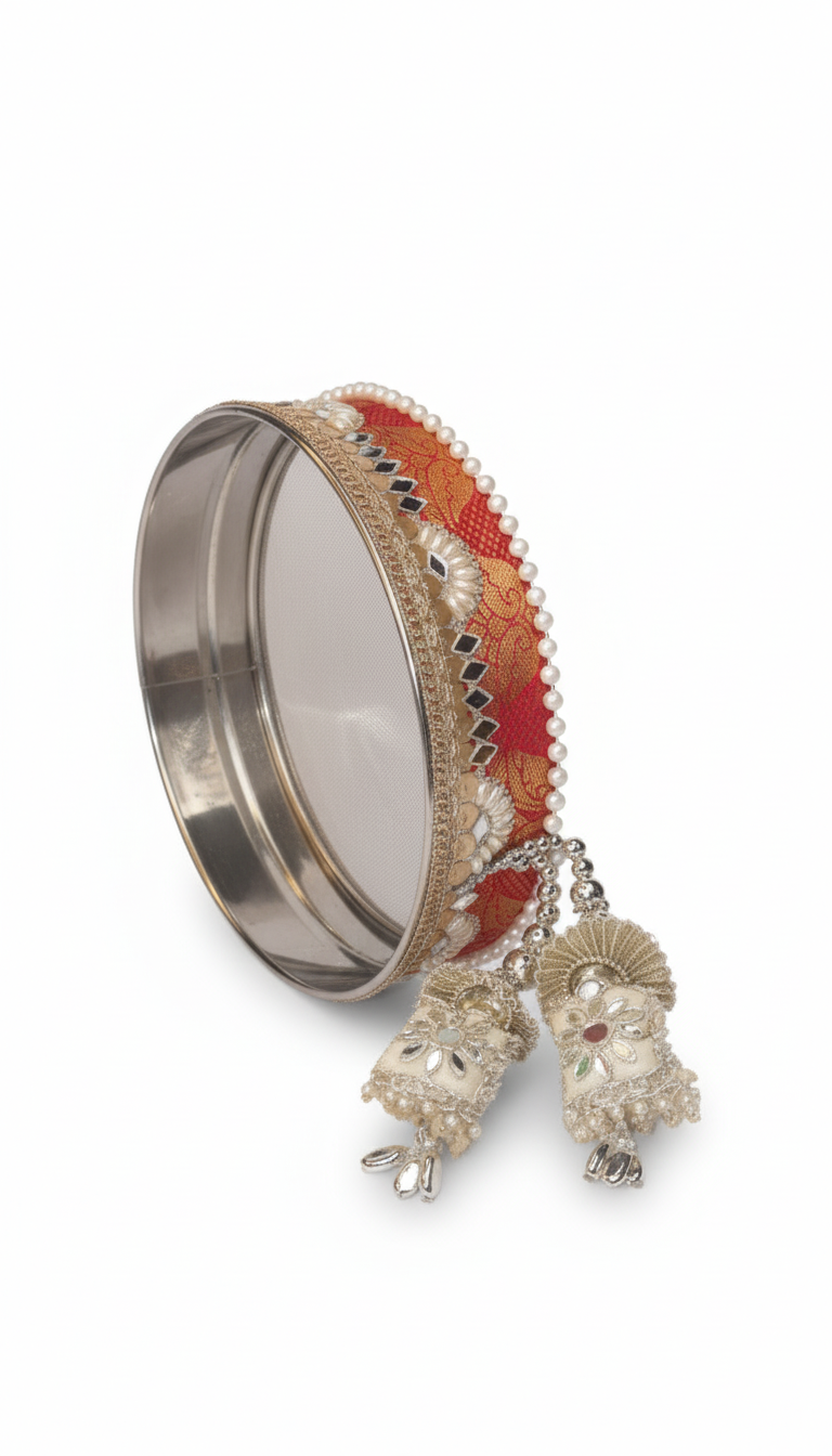 🌙 Karwa Chauth Pooja Thali Set 5 – Red & Golden Designer Thali with Lota, Channi, Baya Thali & Potli