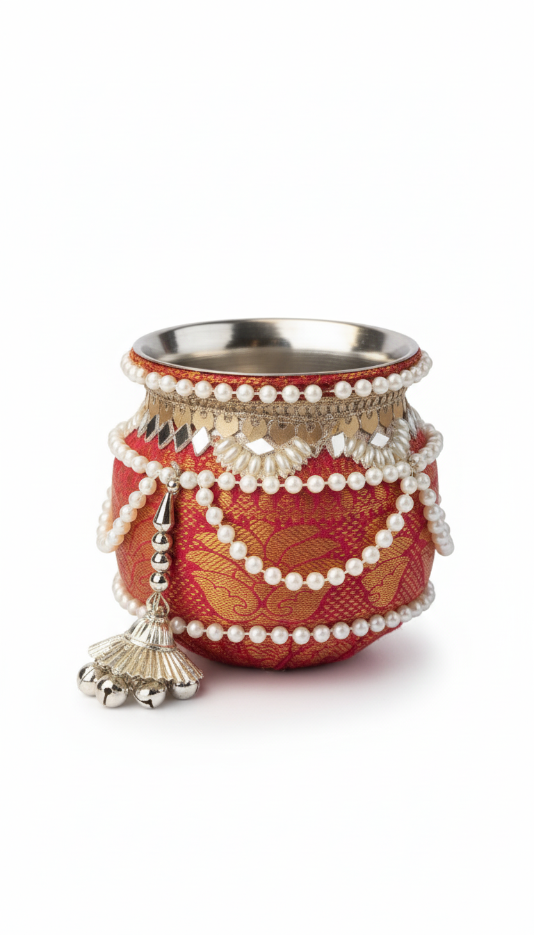 🌙 Karwa Chauth Pooja Thali Set 5 – Red & Golden Designer Thali with Lota, Channi, Baya Thali & Potli