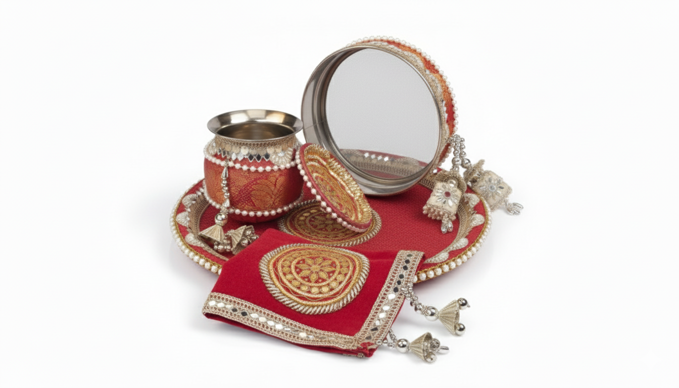 🌙 Karwa Chauth Pooja Thali Set 5 – Red & Golden Designer Thali with Lota, Channi, Baya Thali & Potli