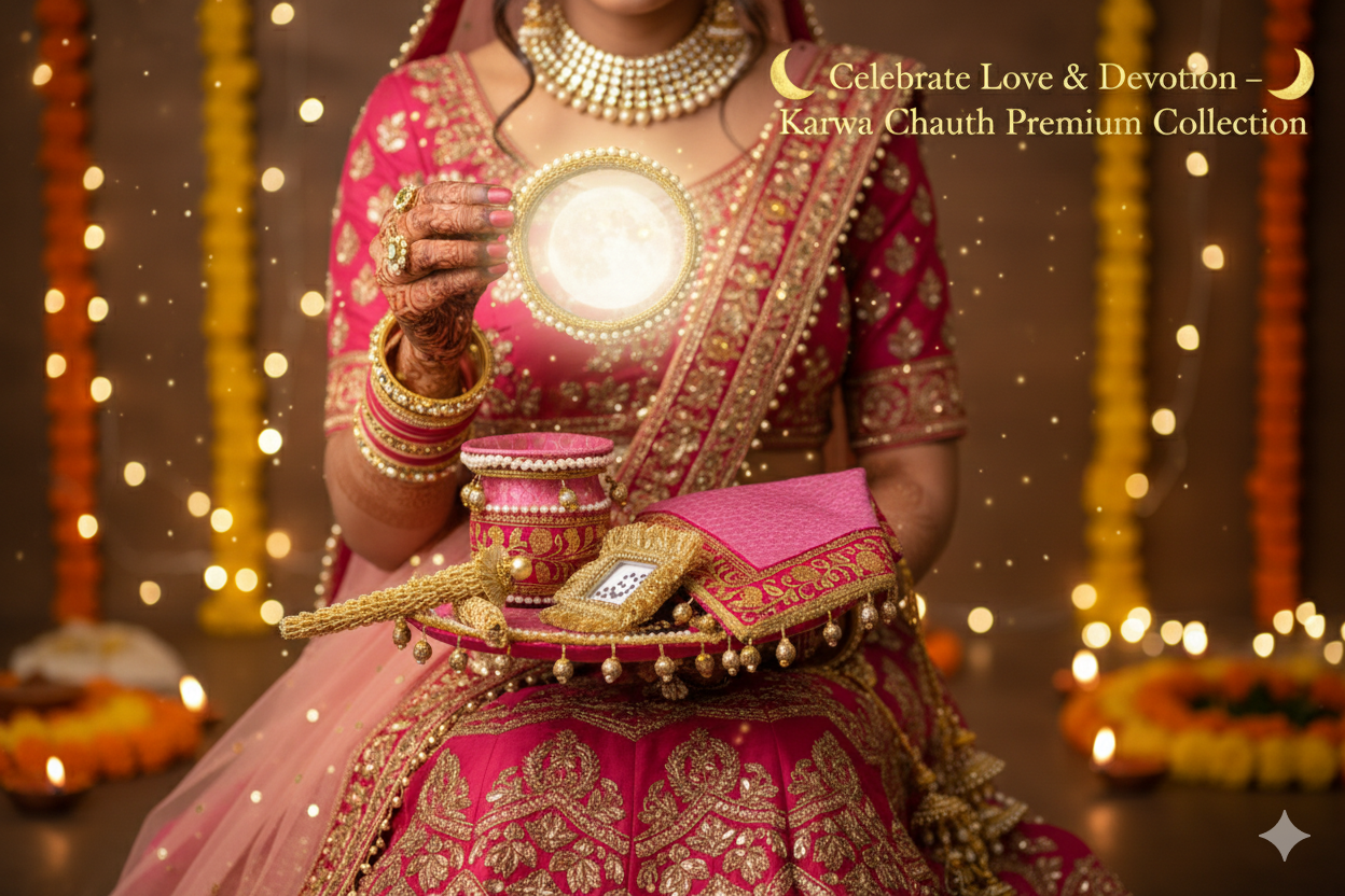 Karwa Chauth Thali Set | Premium Designer Pooja Kit (Pack of 7) – Pink & Golden Embroidery with Mehndi & Bindi
