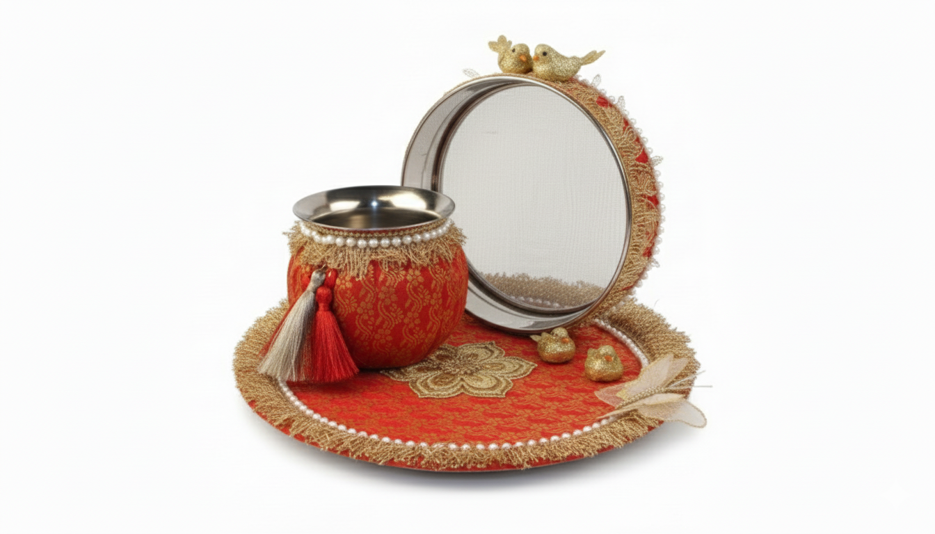 Karwa Chauth Pooja Thali Set 5 – Red & Golden Decorative Thali with Lota, Channi & Ornaments