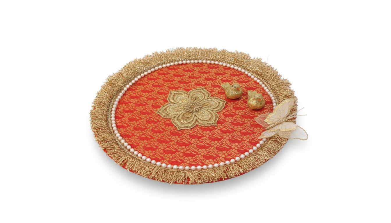 Karwa Chauth Pooja Thali Set 5 – Red & Golden Decorative Thali with Lota, Channi & Ornaments